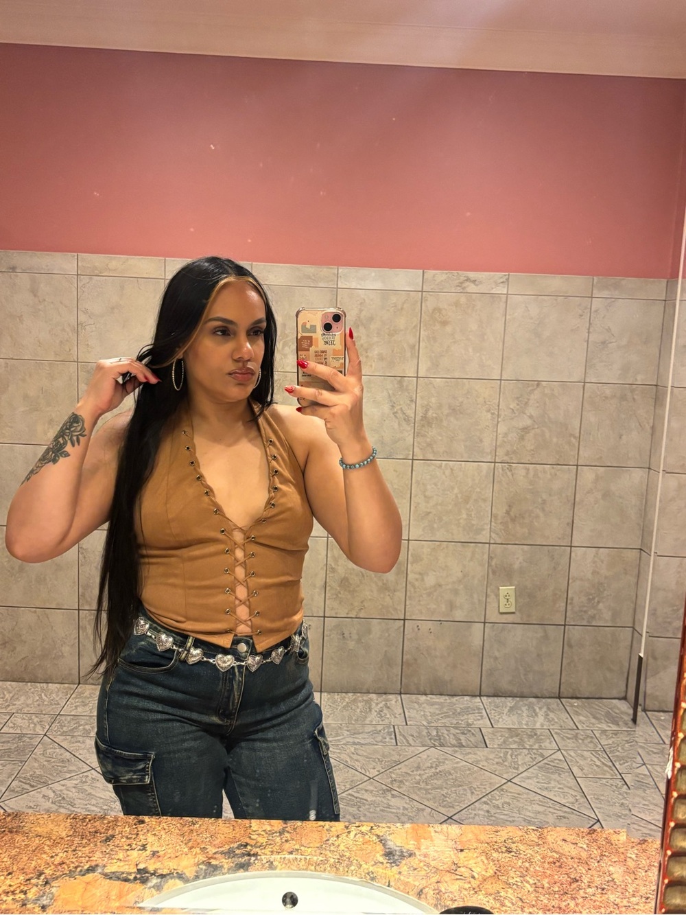 Lace-Up Halter Camisole in Tan